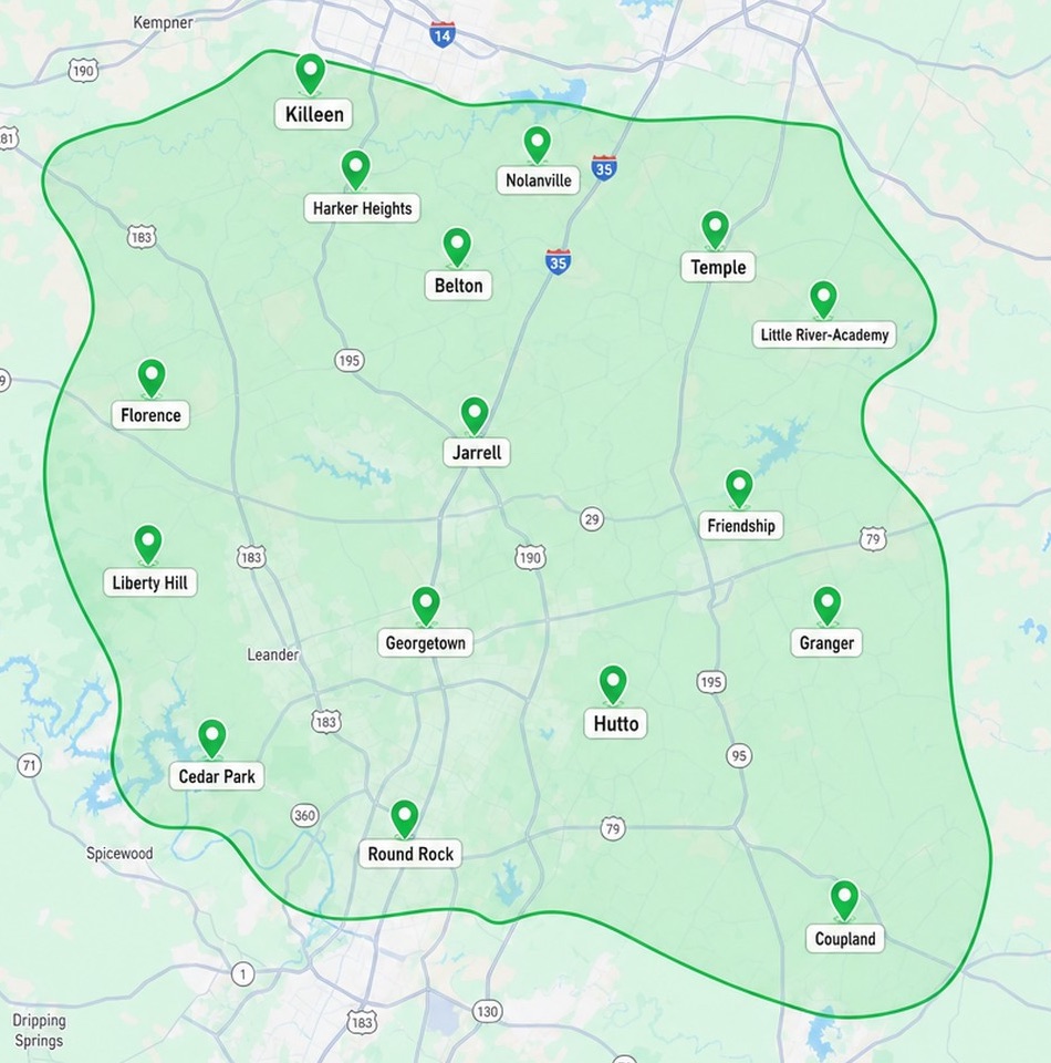 Map of the D&M Dumpster Services service area across Williamson and Bell Counties, Texas